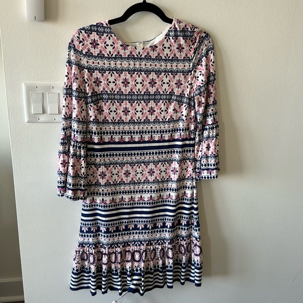 Eliza J | Size 6 | Womens Pink Navy Patterned Pleated Dress Office Business Work